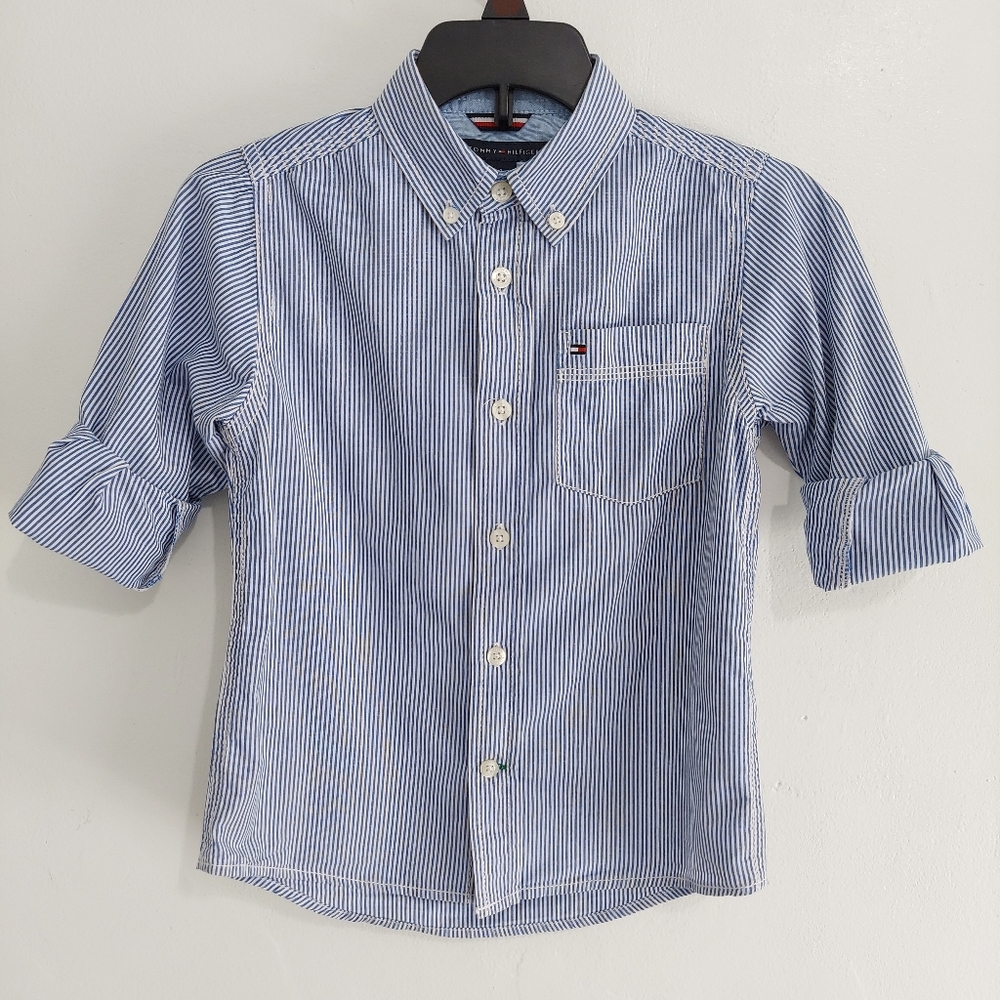 Tommy Hilfiger Long Sleeve Shirt Boys Size 4 Blue White Striped Shirt Little Boy